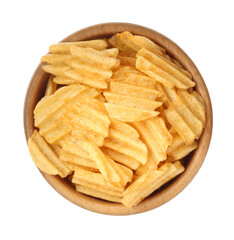 Bowl with delicious ridged potato chips isolated on white, top view