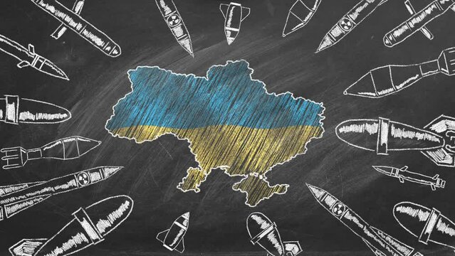 Map of Ukraine in the colors of the national flag under the threat of bombs and cruise missiles.