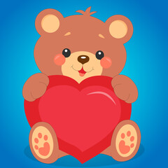 Cute teddy bear with a heart on a blue background