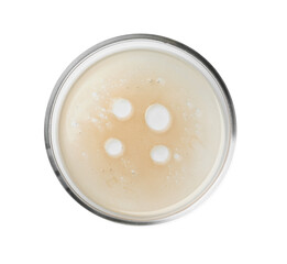 Petri dish with beige liquid isolated on white, top view