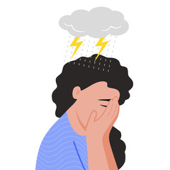 Depressed woman covered her face with her hands and thunder and strom sign of depress above her head, depress and anxiety concept. flat vector illustration.