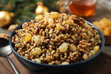 Traditional Christmas slavic dish kutia in bowl, closeup