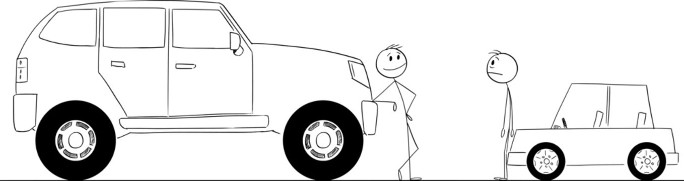 Big and Small Car, Wealthy and Poor Owner, Vector Cartoon Stick Figure Illustration
