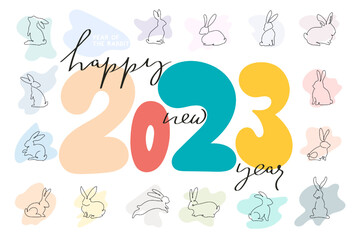 Happy New Year 2023 Design poster template. Modern Christmas Design for Calendar, Invitations, Greeting Cards, Holidays Flyers or Prints. Year of the rabbit. Vector illustration isolated on background