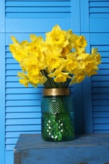 Vase with beautiful daffodils on wooden crate near light blue folding screen