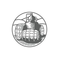 Drawing of barrels and distillation tank