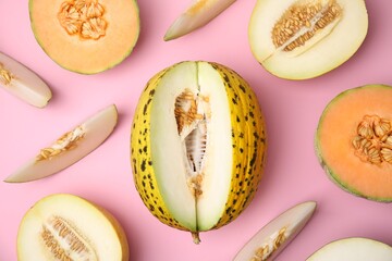 Tasty colorful ripe melons on pink background, flat lay