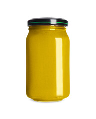 Spicy mustard in glass jar isolated on white