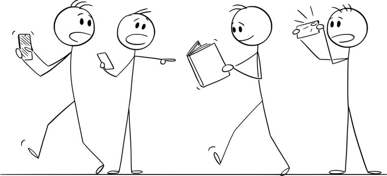 People with Mobile Phones Looking Shocked on Someone Reading Book, Vector Cartoon Stick Figure Illustration