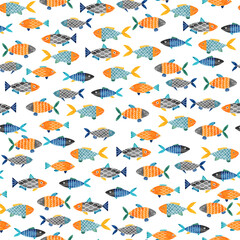 水彩画のお魚のシームレスなパターン。テキスタイル、壁紙、包装紙のデザイン。