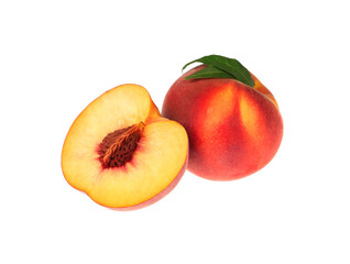 Whole and cut delicious peaches with green leaves isolated on white