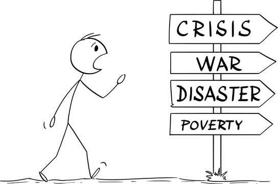 Person Walking on Road to Future of Crisis, War, Disaster or Poverty, Vector Cartoon Stick Figure Illustration