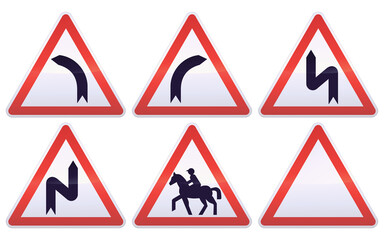 Collection of white, red and black triangular road hazard signs such as right and left turns, the presence of mounted horses (metal reflection)