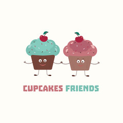 Cute Cupcakes characters on yellow background illustration. Blue and Pink pastel colors. Perfect for baby kids fabric, textile, apparel, pyjamas, t-shirt print design. Quote Cupcakes friends.