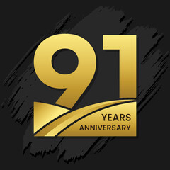 91 years anniversary celebration, anniversary celebration template design with gold color isolated on black brush background. vector template illustration