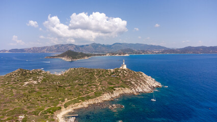 An amazing aerial view of the Sardinian coast. The wonderful colors of the sea contrast with the...