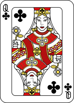 Playing Card Queen of Clubs Red Yellow and Black
