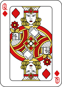 Playing Card Queen Diamonds Red Yellow and Black