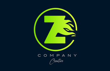 Z alphabet letter icon for corporate with green flames. Fire design suitable for a logo company