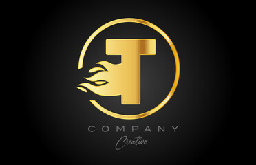 gold golden T alphabet letter icon for corporate with flames. Fire design suitable for a business logo