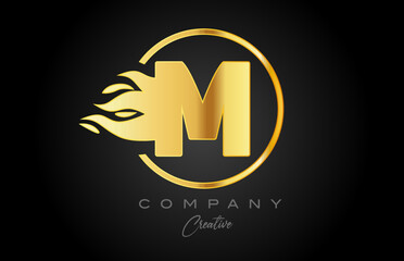 gold golden M alphabet letter icon for corporate with flames. Fire design suitable for a business logo
