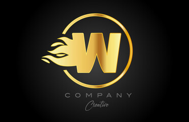 gold golden W alphabet letter icon for corporate with flames. Fire design suitable for a business logo