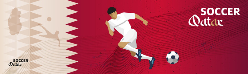 Fussball Banner Qatar, Dynamischer Spieler vor rotem Hintergrund mit Fussball