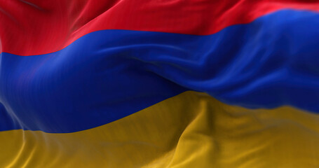 Close-up view of the armenian national flag waving in the wind