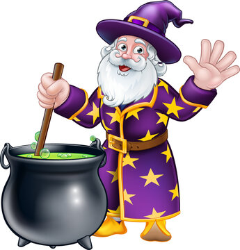 Wizard and Cauldron Cartoon Character
