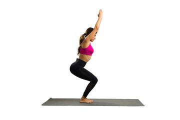 Hispanic young woman practicing a chair yoga pose