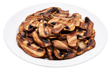 Grilled Slices of champignon mushrooms with stripes from a grill in ceramic plate