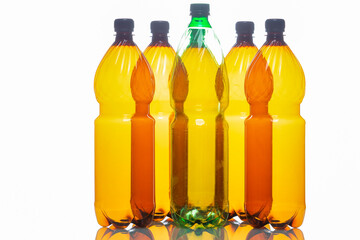 Ecology Concepts. Variety of Empty Cans Colorful Plastic Garbage Bottles In Line Together Over White