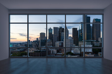 Fototapeta na wymiar Empty room Interior Skyscrapers View. Cityscape Downtown Seattle City Skyline Buildings from High Rise Window. Beautiful Real Estate. Sunset. 3d rendering.