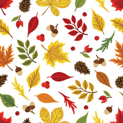 Obraz premium Vector colorful autumn seamless pattern with fall leaves, cone and mushrooms.