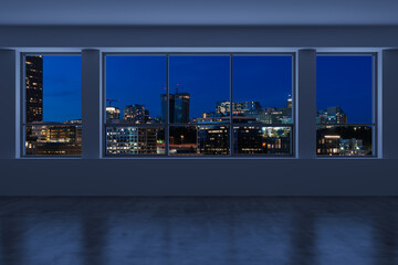 Empty room Interior Skyscrapers View. Cityscape Downtown Seattle City Skyline Buildings from High Rise Window. Beautiful Real Estate. Night time. 3d rendering.