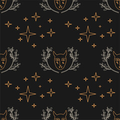 Halloween horned devil face, unique boh style illustration, seamless pattern. Perfect for poster or postcard template, trendy t-shirt design.
