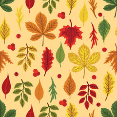 Vector colorful autumn seamless pattern with fall leaves, cone and mushrooms.