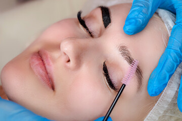 Beauty and Healthy Lifestyle Ideas. Young Beautiful Woman Having Permanent Make-up Tattoo on Eyebrows in beauty Salon