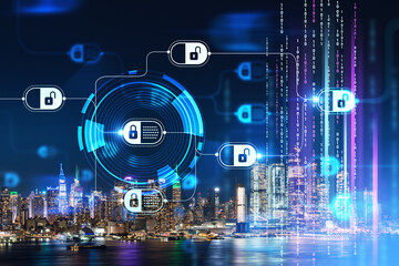 New York City skyline from New Jersey over the Hudson River with Hudson Yards at night. Manhattan, Midtown. Decentralized economy. Blockchain, cryptography and cryptocurrency concept, hologram