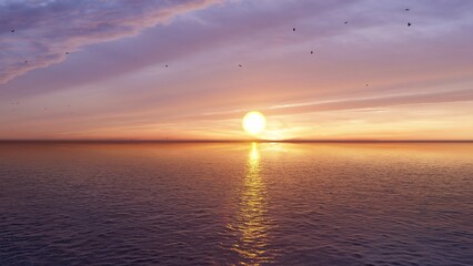 7680x4320. Panorama of sea sunrise, ocean sunrise, seascape. Romantic colorful sunset at the sea. The sun touches horizon. 