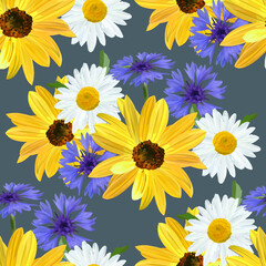 Flowers of sunflower,  chamomile, blue cornflower on dark gray background in a random arrangement square format, floral seamless pattern, vector, EPS 10.