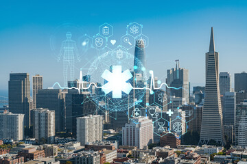 Obraz premium San Francisco skyline from Coit Tower to Financial District and residential neighborhoods, California, US. Health care digital medicine hologram. The concept of treatment and disease prevention