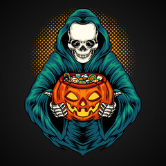Grim reaper skull holding a pumpkin with candy