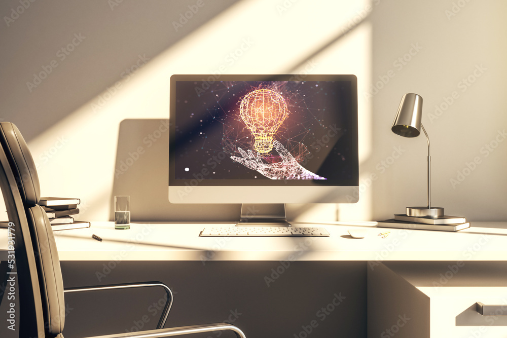Poster Creative idea concept with light bulb illustration on modern laptop screen. 3D Rendering