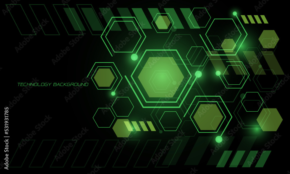 Poster Abstract green technology geometric circuit line power light on black with blank space design modern futuristic background vector