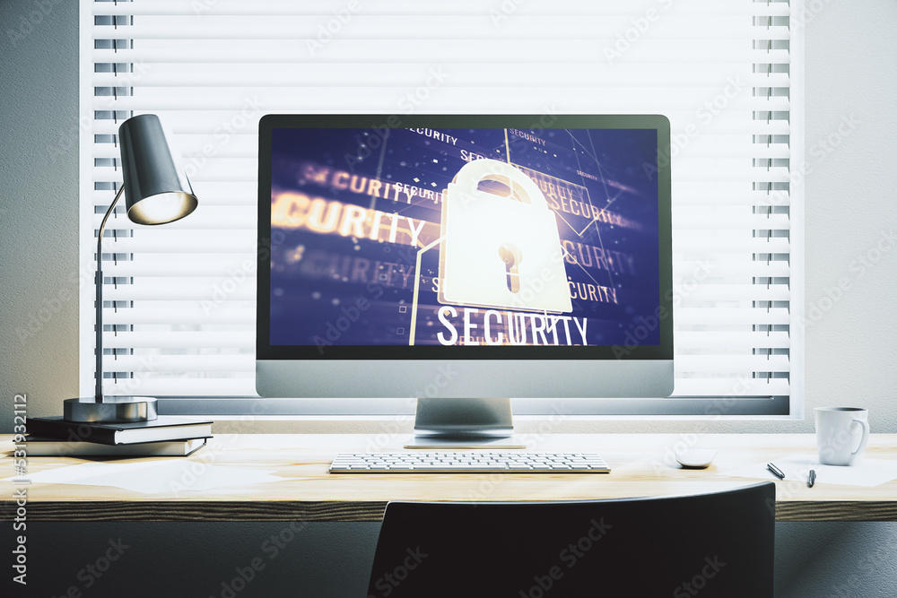 Poster Computer monitor with creative light lock illustration and microcircuit, cyber security concept. 3D Rendering