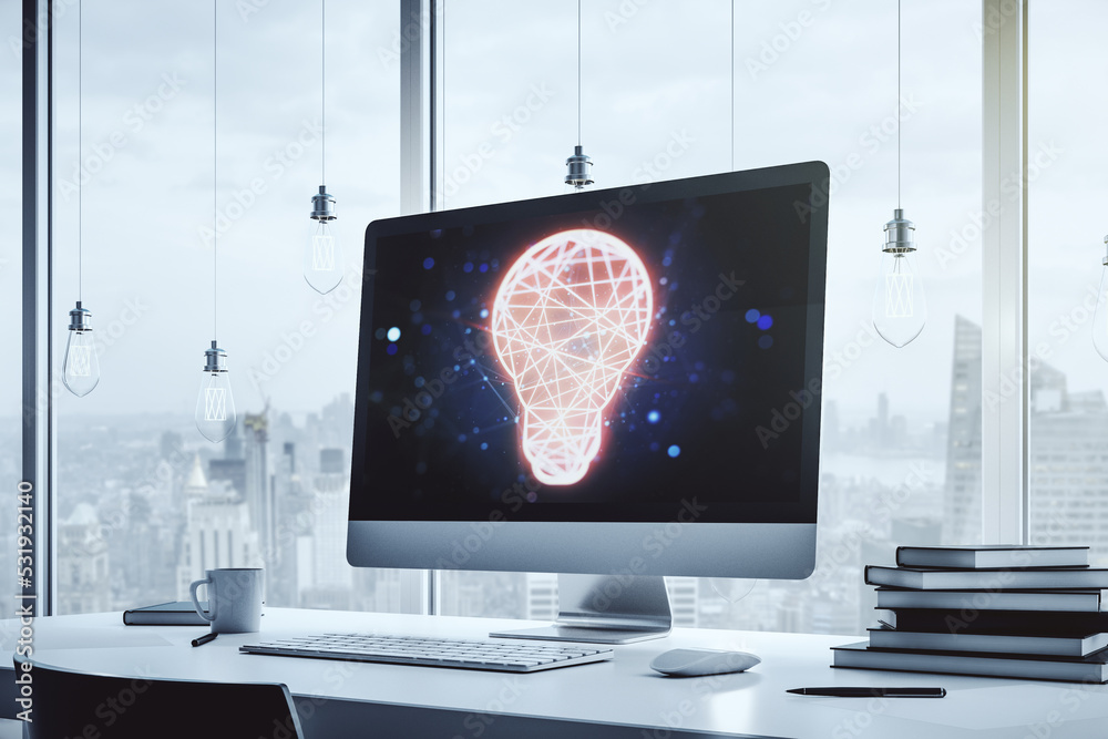 Poster Creative idea concept with light bulb illustration on modern laptop screen. 3D Rendering