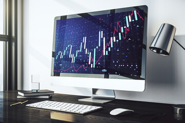 Modern computer screen with abstract creative financial chart, research and analytics concept. 3D Rendering