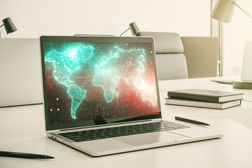 Modern computer monitor with abstract digital world map, research and strategy concept. 3D Rendering