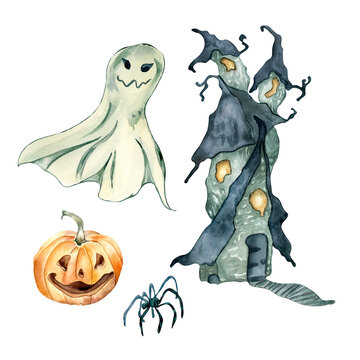 Halloween set of crooked house watercolor illustration isolated on white.